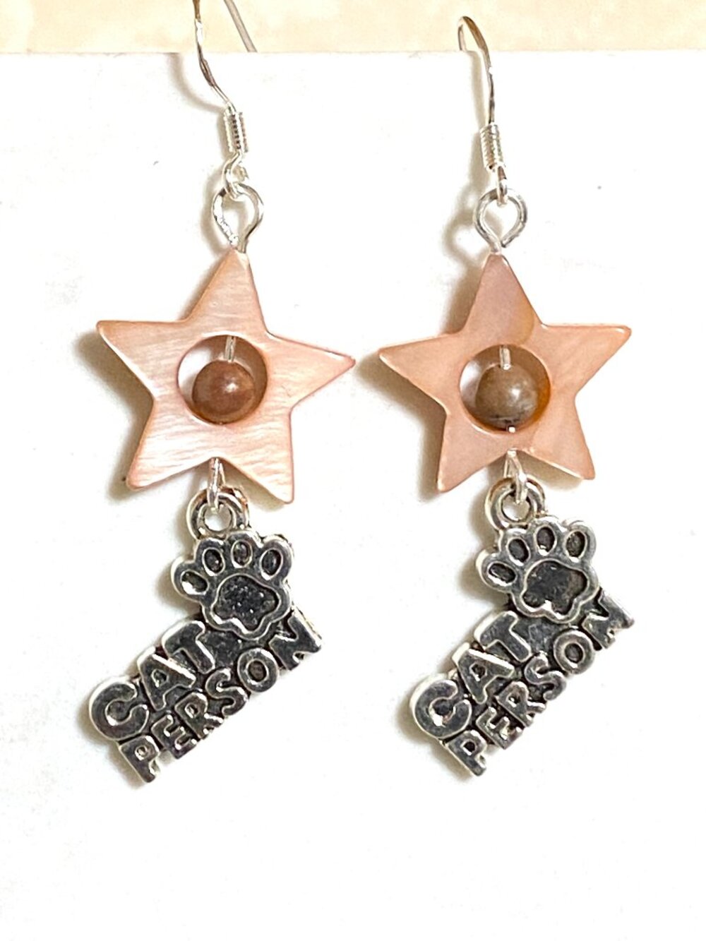 2/$20, Pink Mother of Pearl Star & Cat Person Paw Print Dangle Earrings